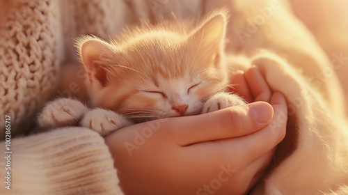 A small kitten naps peacefully in the hands of a person.