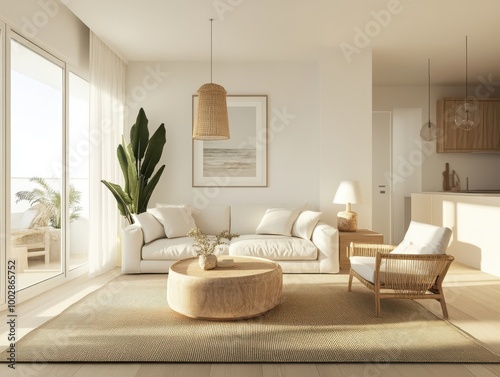 Bright and airy living room with modern decor, featuring a cozy couch, stylish furniture, and natural light.