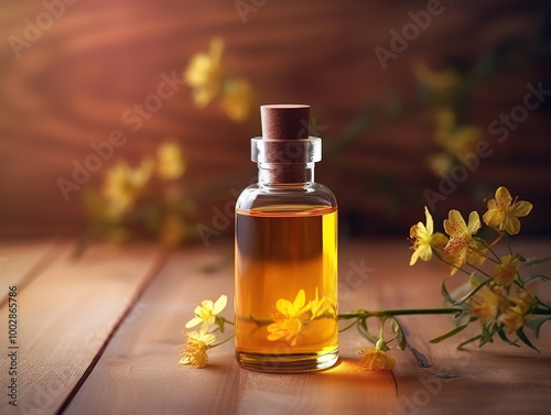 Bottle of natural cosmetic oil for body and skin care, aromatherapy on a wooden background. Natural oils extract, medical products concept