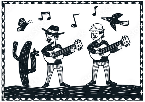 A singing duo in a wild setting. Birds and butterflies in woodcut style.