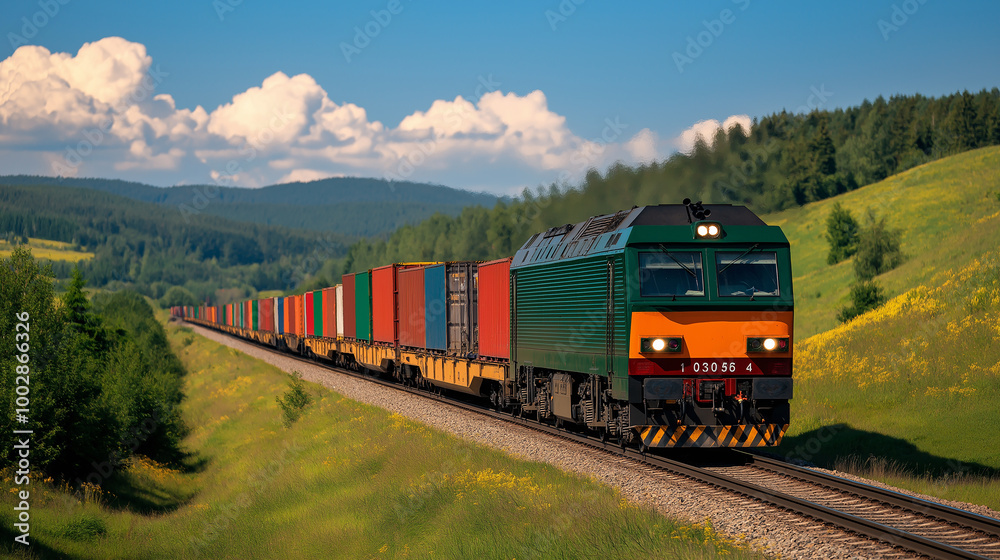 Railway Freight Transport: A long freight train carrying a variety of goods through a scenic landscape, representing the vital role of railways in the transportation business. Railway Freight Transport: A long freight train carrying a variety of goods through a scenic landscape, representing the vital role of railways in the transportation business.