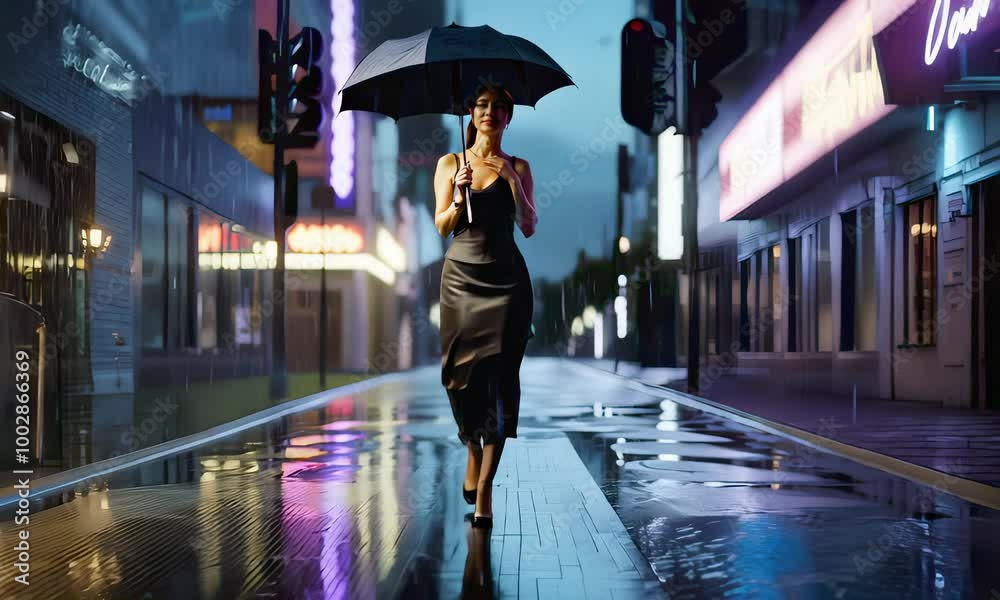 A woman walks down a rainy city street at night, holding an umbrella ...