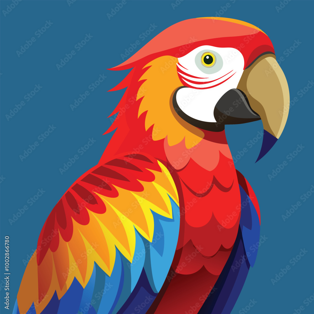 Obraz premium blue and yellow macaw ara A scarlet macaw perched against a simple background, its red, blue, and yellow feathers standing out vividly vector animal illustration of A scarlet macaw preening its feathe