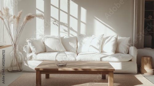 Bright living room featuring a cozy white sofa, wooden table, and decorative plants, creating a serene and inviting atmosphere.