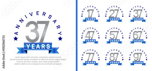 anniversary set logotype. vector design silver color with blue ribbon can be use for celebration photo