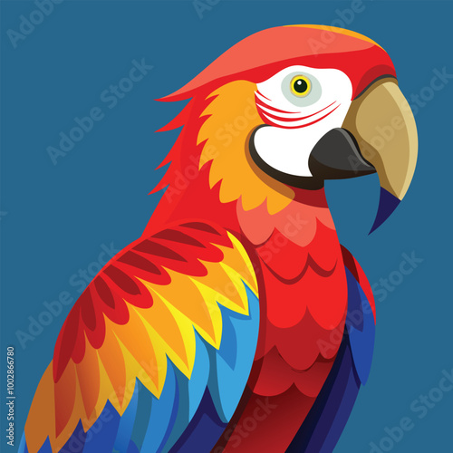 blue and yellow macaw ara A scarlet macaw perched against a simple background, its red, blue, and yellow feathers standing out vividly vector animal illustration of A scarlet macaw preening its feathe