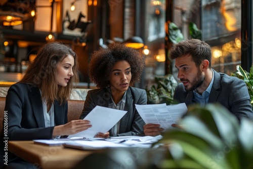 Multiethnic business colleagues discussing documents in cafe. Business man and women sitting at table with papers and talking. Teamwork or collaboration on project, Generative AI