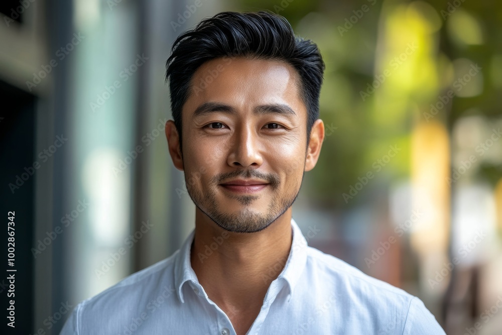 Happy asian businessman looking at camera and smiling, male freelancer outside office, Generative AI Happy asian businessman looking at camera and smiling, male freelancer outside office, Generative AI