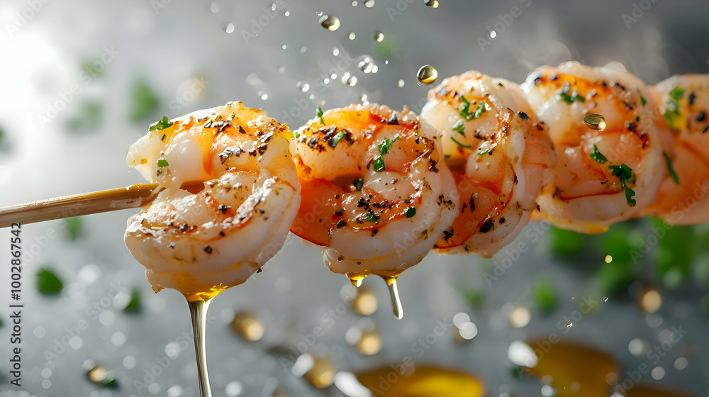 Grilled Shrimp Skewer Drizzled with Olive Oil - Close-up of juicy grilled shrimp skewers seasoned with herbs and pepper, drizzled with olive oil.
