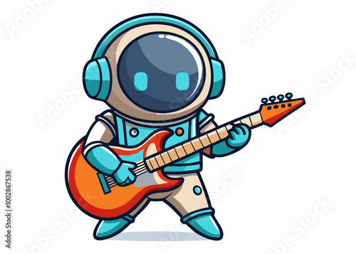 Cartoon astronaut with guitar isolated on a white background