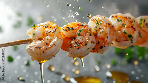 Obraz na płótnie Grilled Shrimp Skewer Drizzled with Olive Oil - Close-up of juicy grilled shrimp skewers seasoned with herbs and pepper, drizzled with olive oil. w salonie