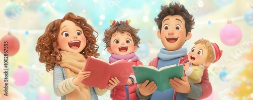 4K Realistic Animation of A family singing Christmas carols, pastel background