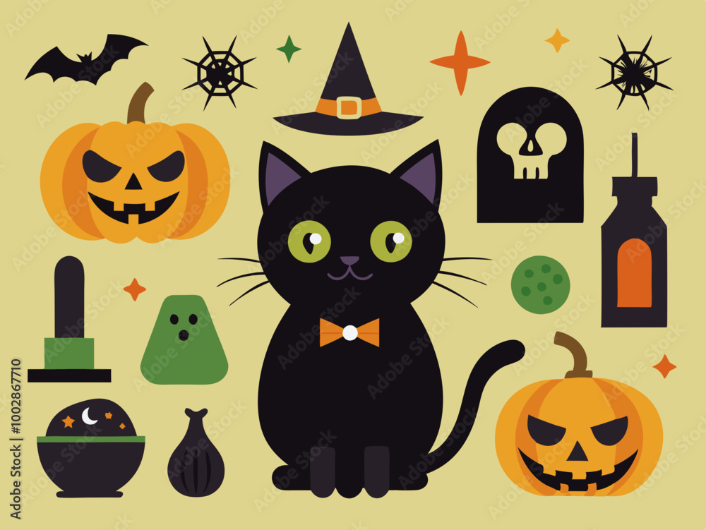Halloween illustrations and design elements with black cat Halloween illustrations and design elements with black cat