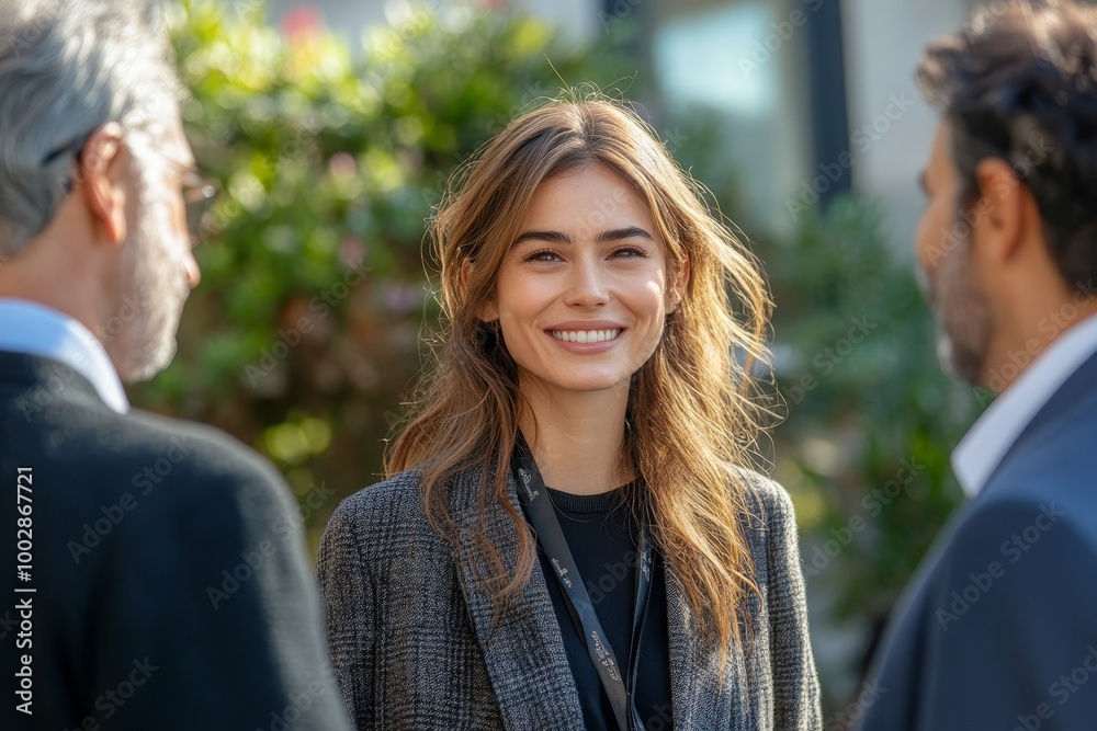 Real estate manager discussing property issues with two customers outside. Smiling woman in office suit standing near office building and talking to two business leaders. Business, Generative AI Real estate manager discussing property issues with two customers outside. Smiling woman in office suit standing near office building and talking to two business leaders. Business, Generative AI