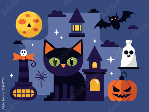 Halloween illustrations and design elements with black cat