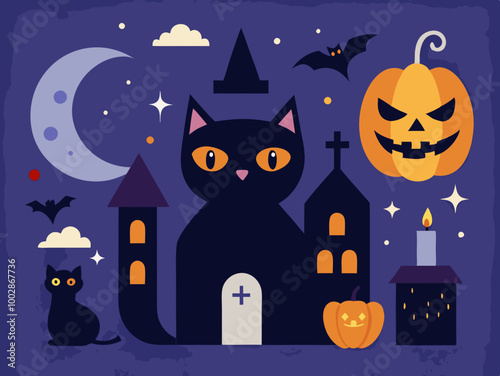 Halloween illustrations and design elements with black cat