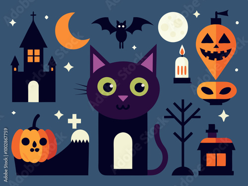 Halloween illustrations and design elements with black cat