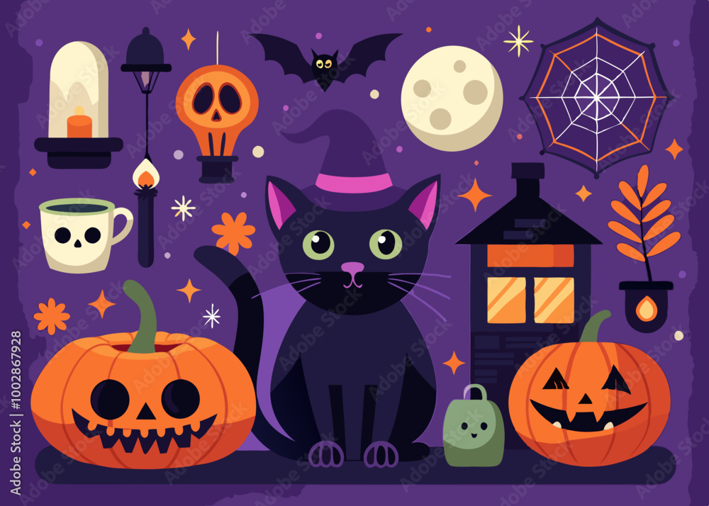 Halloween illustrations and design elements with black cat Halloween illustrations and design elements with black cat
