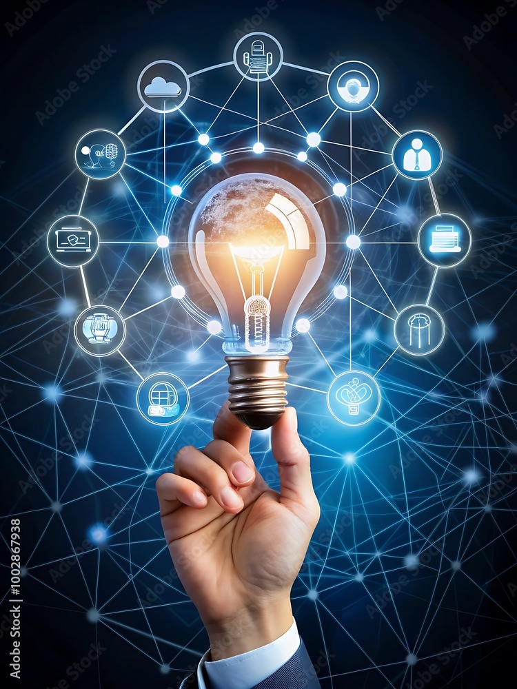 Bombilla de mano con iconos holográficos, nuevo concepto de idea Bombilla de mano con iconos holográficos, nuevo concepto de idea