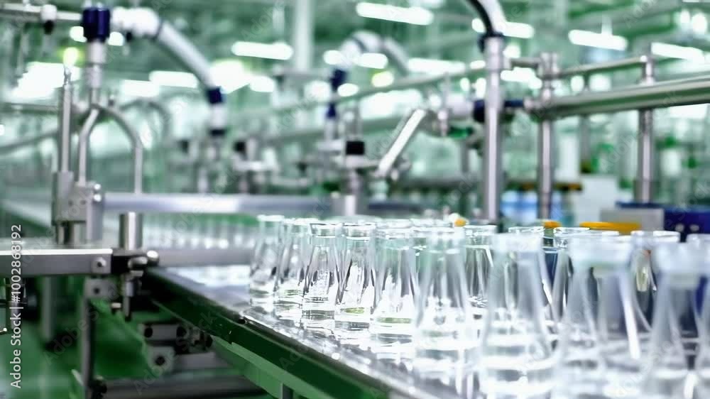 Close-up shot of a production line filling glass bottles with liquid in a pharmaceutical factory. The bottles are moving along a conveyor belt, with the production equipment blurred in the background Close-up shot of a production line filling glass bottles with liquid in a pharmaceutical factory. The bottles are moving along a conveyor belt, with the production equipment blurred in the background