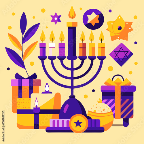 Hanukkah concept with menorah, glowing candles, dreidels and gifts. Scalable vector SVG illustration