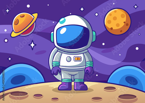 Cartoon astronaut on the moon on a space background