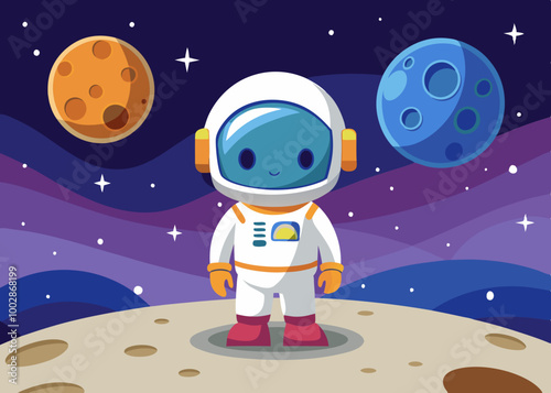 Cartoon astronaut on the moon on a space background