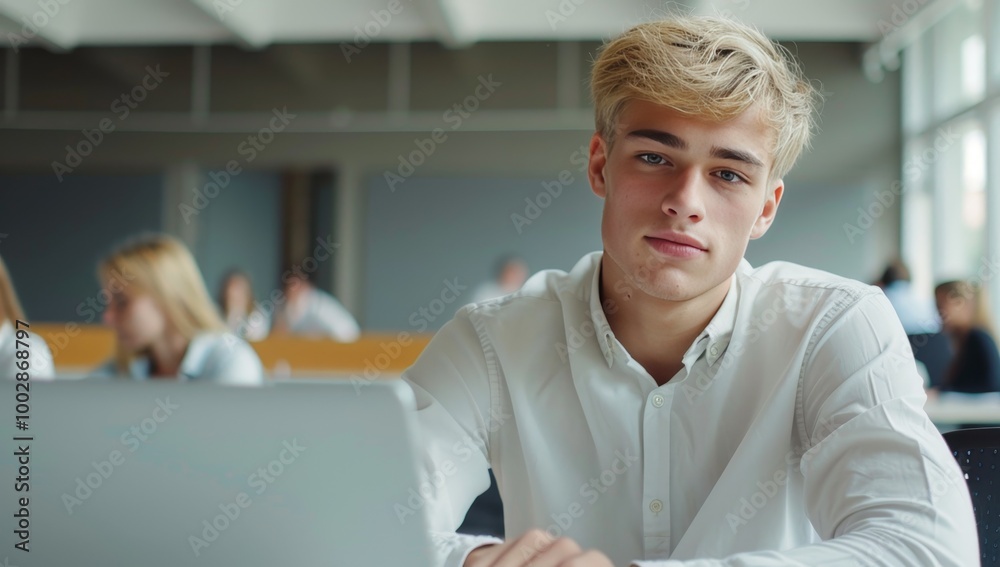 Man in school. Boy studying in highschool class. Male teenager in college. Lecture in university. Concept of knowledge or education. Blond young student at classroom Man in school. Boy studying in highschool class. Male teenager in college. Lecture in university. Concept of knowledge or education. Blond young student at classroom