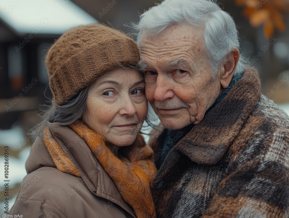 An elderly couple stands closely together, enjoying a moment of warmth in winter An elderly couple stands closely together, enjoying a moment of warmth in winter