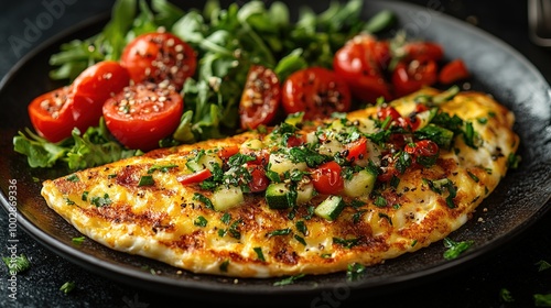 Fresh homemade omelette with mushrooms, feta cheese and herbs. A healthy protein breakfast with mushrooms and spinach