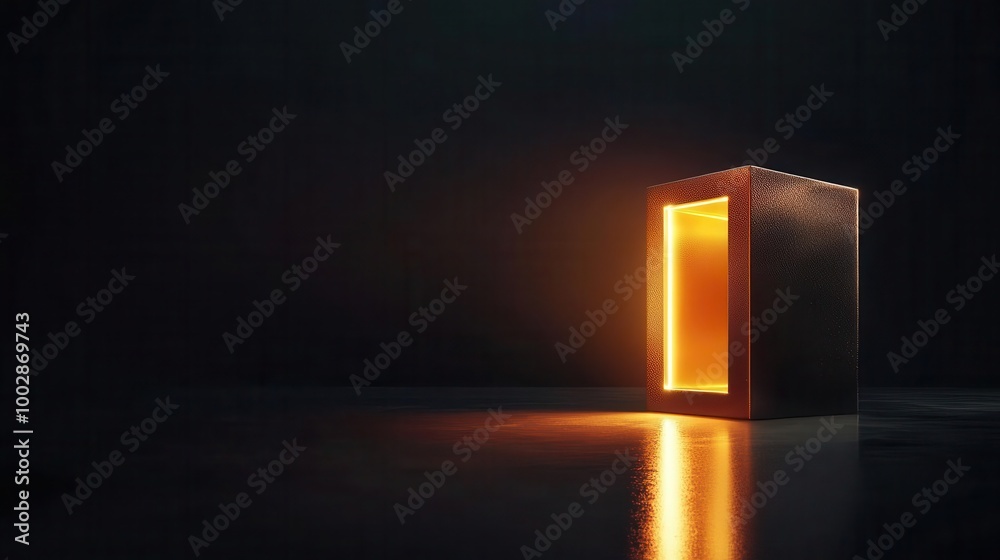 Glowing doorway against dark background, creating a sense of mystery.