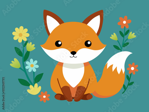 Cute Cartoon Fox with flowers