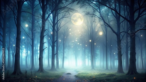 A mysterious forest shrouded in fog and illuminated by moonlight, with blurred abstract bokeh lights