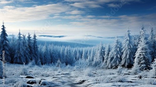 A serene winter landscape showcasing snow-covered pine forests under a cloudy sky