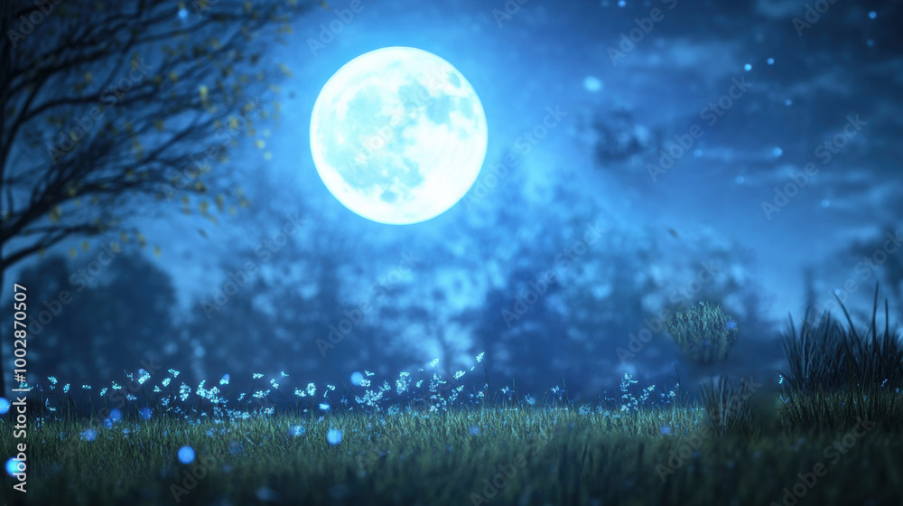 Fototapeta premium Enchanting Witch Under Full Moon Night Sky