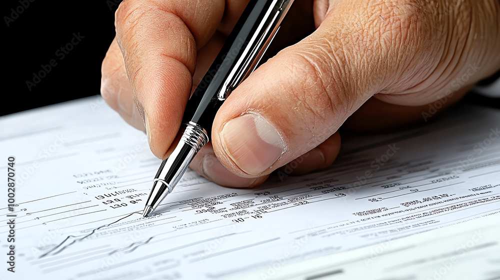 Close-up of a hand holding a pen while signing a document.