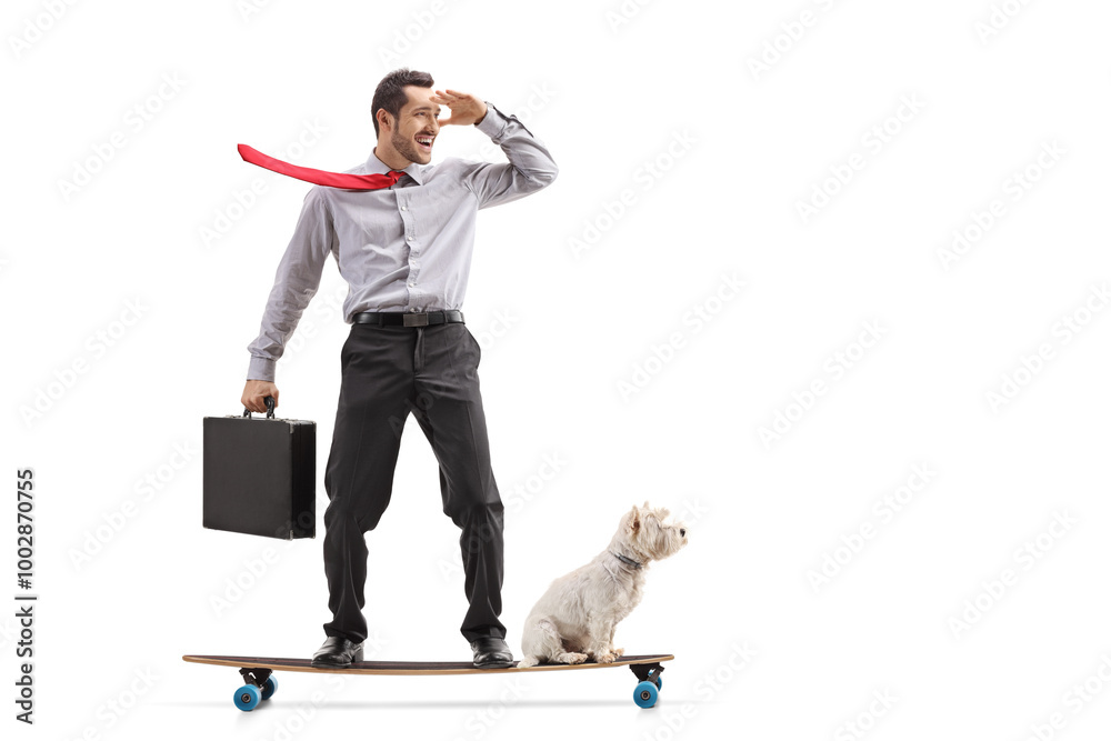© Ljupco Smokovski - Full length profile shot of a businessman with a briefcase riding a longboard with his dog