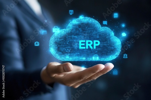 A person holding a glowing cloud with ERP written on it and floating icons, symbolizing the integration of smart technology