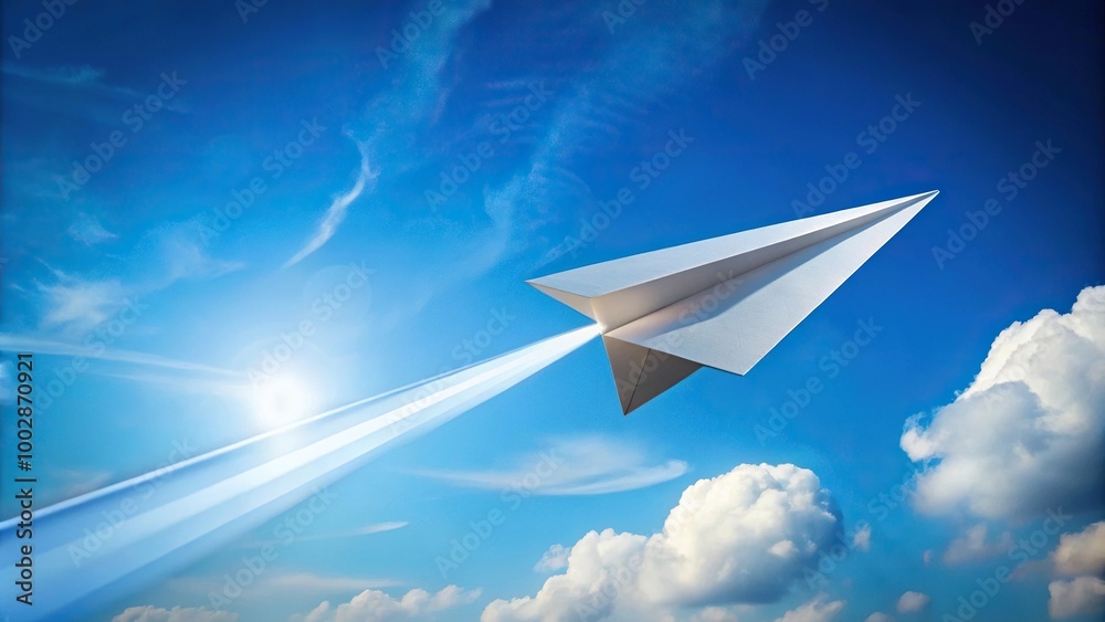 A paper plane taking off with a blue airliner shadow in the background, shot from an aerial perspective A paper plane taking off with a blue airliner shadow in the background, shot from an aerial perspective