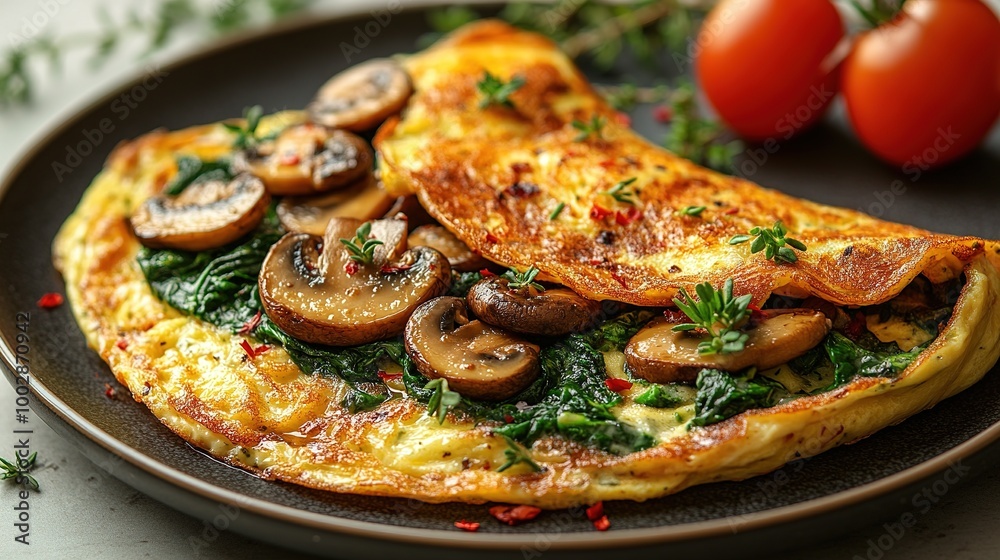Fresh homemade omelette with mushrooms, feta cheese and herbs. A healthy protein breakfast with mushrooms and spinach Fresh homemade omelette with mushrooms, feta cheese and herbs. A healthy protein breakfast with mushrooms and spinach