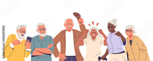 Group Of Older People Showing Aggressive Expressions. Senior Male Female Characters Engaging In An Emotional Interaction
