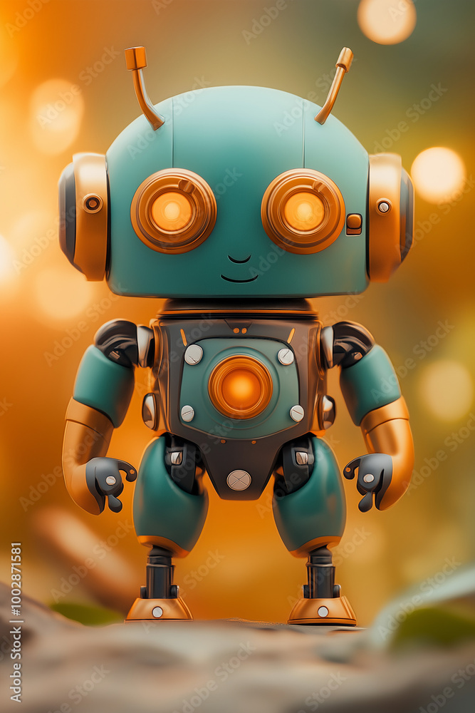 A friendly teal and gold robot stands on a rock with a blurred bokeh background. A friendly teal and gold robot stands on a rock with a blurred bokeh background.