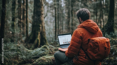 A person working on a laptop in a serene forest environment.