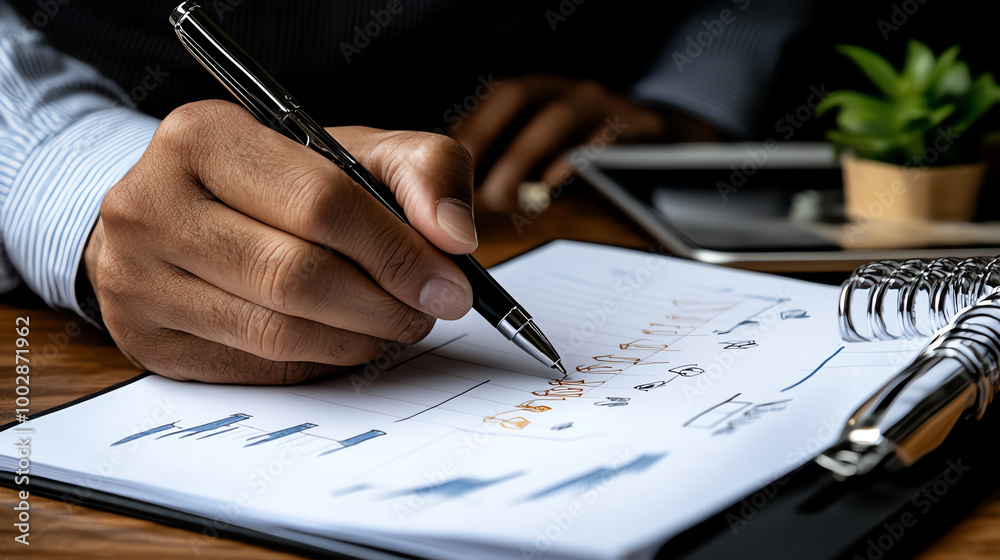 Hand writing on financial report with charts and graphs on wooden table. Hand writing on financial report with charts and graphs on wooden table.
