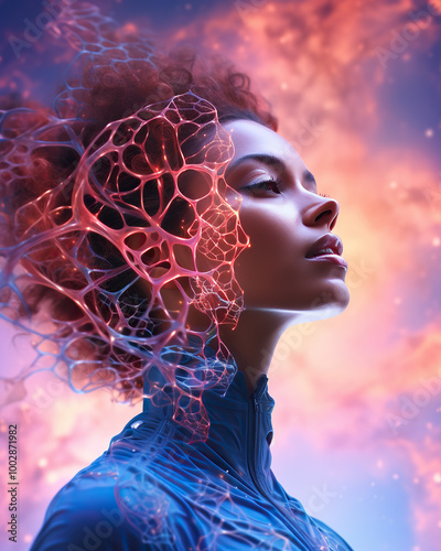 generated illustration of Profile of a woman with brain and spinal cord.