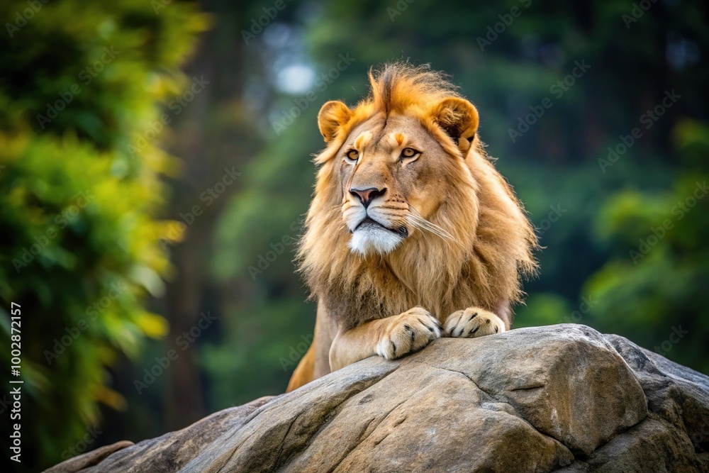 Naklejka premium A proud lion observing prey on rock