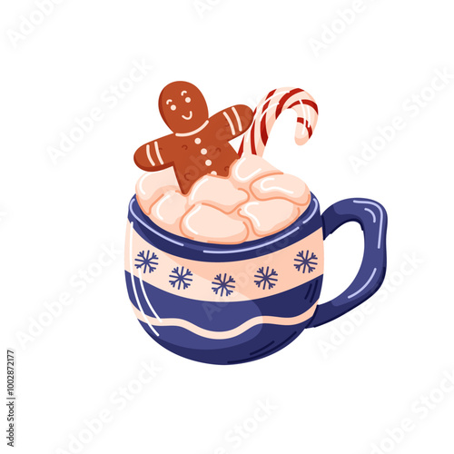 Festive mug filled with hot chocolate, marshmallow, gingerbread cookie man and a candy cane in cartoon. Design for Christmas, winter holiday, greeting card.