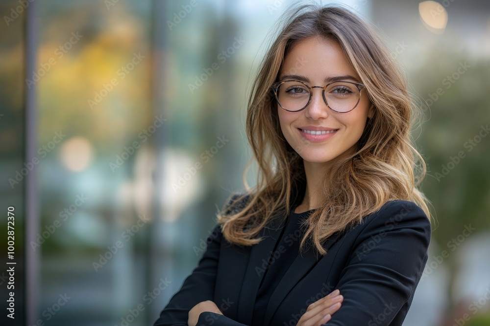 Young beautiful businesswoman in business suit smiling and looking at camera, portrait of successful woman outside office building, female worker in glasses with crossed, Generative AI Young beautiful businesswoman in business suit smiling and looking at camera, portrait of successful woman outside office building, female worker in glasses with crossed, Generative AI