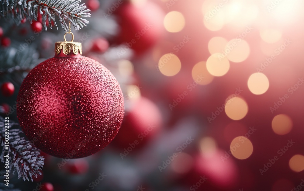 A shiny red Christmas bauble hanging on a festive tree with sparkling lights in the background