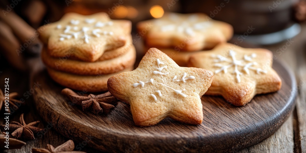 A platter of freshly baked star-shaped cookies with decorative icing, perfect for winter celebrations A platter of freshly baked star-shaped cookies with decorative icing, perfect for winter celebrations